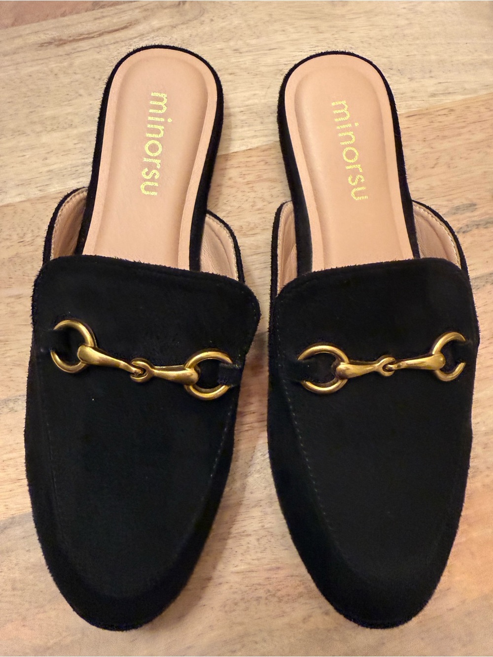 Minorsu Black Suede Backless Mules with Gold Horsebit